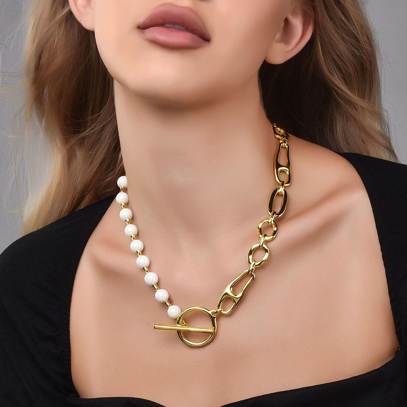 Pearl Necklace - Pearl-Look Geometric Mixed-Material Necklace for Women,